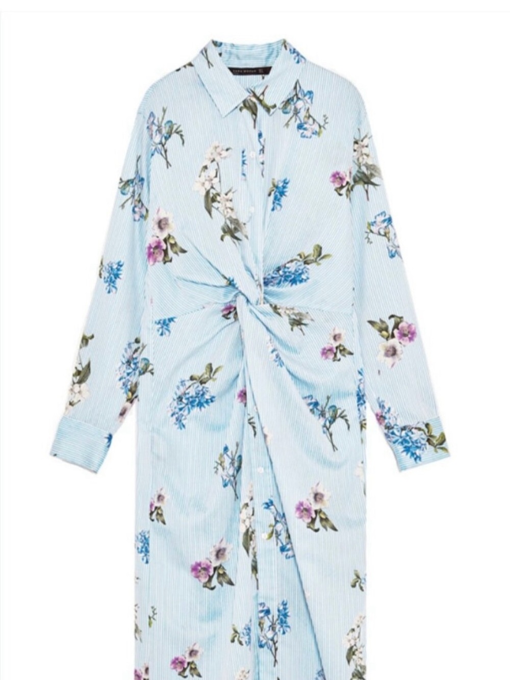 Zara Light Blue Floral Twist-Front Long Sleeve Shirt Dress